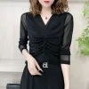 The new V-neck pleated mesh long-sleeved T-shirt for women's tops in Spring and autumn 2024 is stylish and feminine, with a stretchy base layer Specification image